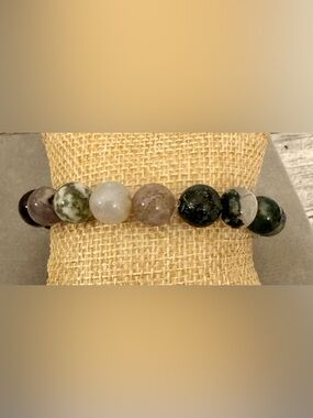 Moss Agate Bead Stretch Bracelet in Green, Gray, and Brown Tones